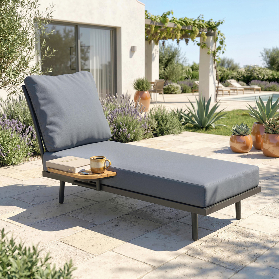 Outsunny Sonnenliege Grau mit dicken waschbaren Kissen und Seitenablage, UV-beständige Gartenliege aus Metall für Garten, Terrasse und Pool, Belastbarkeit bis 120 kg - Bild 2