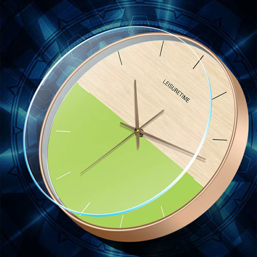 P.Chuang Wanduhr mit lautlosem Quarzwerk und Glaszifferblatt in Grün und Gold, modern und rund - Bild 2