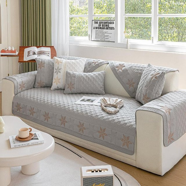 Super Six Jacquard Baumwoll-Sofabezug mit Stickerei, rutschfest, grau, 90 x 90 cm - Bild 1