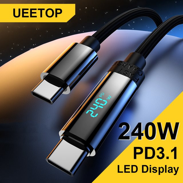 Ueetop USB Typ C auf USB C Kabel mit Digitalanzeige, 240 W Schnellladegerät, Schwarz - Bild 1