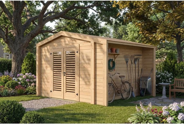 Weka Holz-Gartenhaus Killarney mit Satteldach in Natur Braun, B: 361 cm, T: 313 cm, H: 246 cm - Bild 1