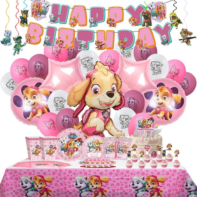 TAKARA TOMY Skye PAW Patrol Geburtstagsparty-Dekoration, Rosa Mädchen-Thema, Hintergrund-Banner, Tasse, Teller - Bild 1
