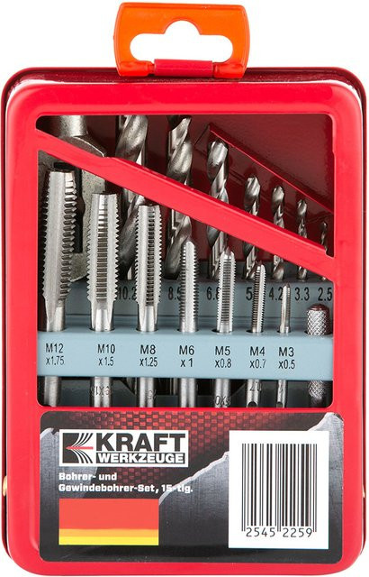 KRAFT WERKZEUGE Bohrer- und Gewindebohrerset 15-teilig in Silber - Bild 1