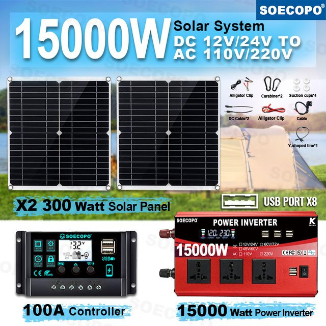 SOECOPO 15000 W Balkonkraftanlage Komplett-Set mit 2 x 300 W Photovoltaik-Panels, DC 110 V/220 V Wechselrichter und 100 A Controller - Bild 1