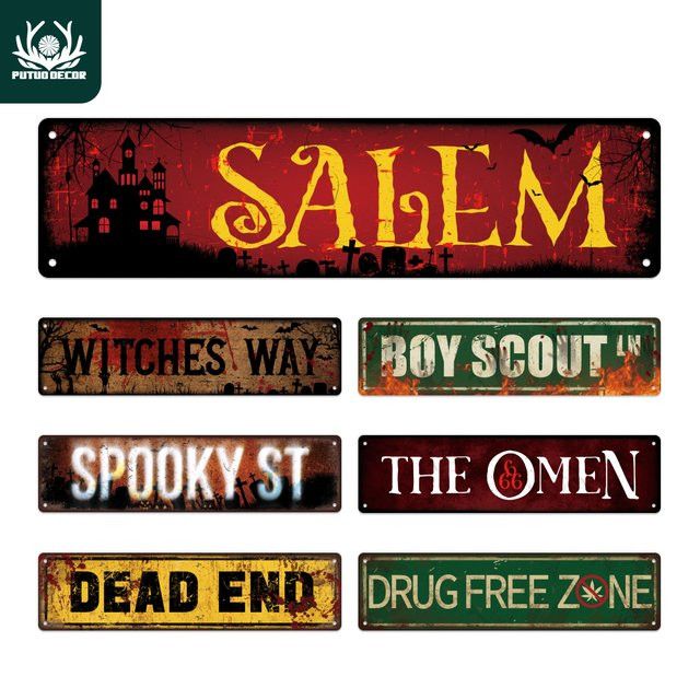 Putuo Decor Vintage-Straßenschild aus Metall in Multicolor mit Salem Witches Way und Spooky St für Halloween - Bild 1
