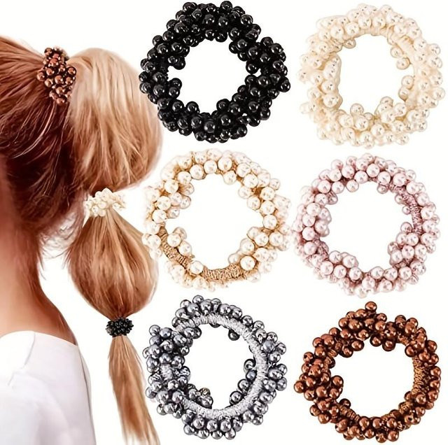 6 Stück Perlen-Scrunchie elastisches Haargummi, beige, Damen, Mädchen - Bild 1