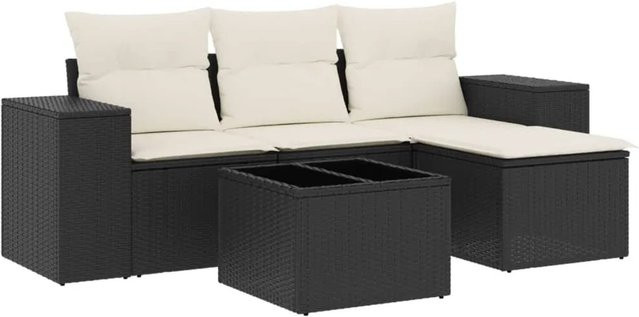 vidaXL 5-tlg. Garten-Sofagarnitur in L-Form aus Poly-Rattan mit Kissen und Glastisch in Schwarz - Bild 1