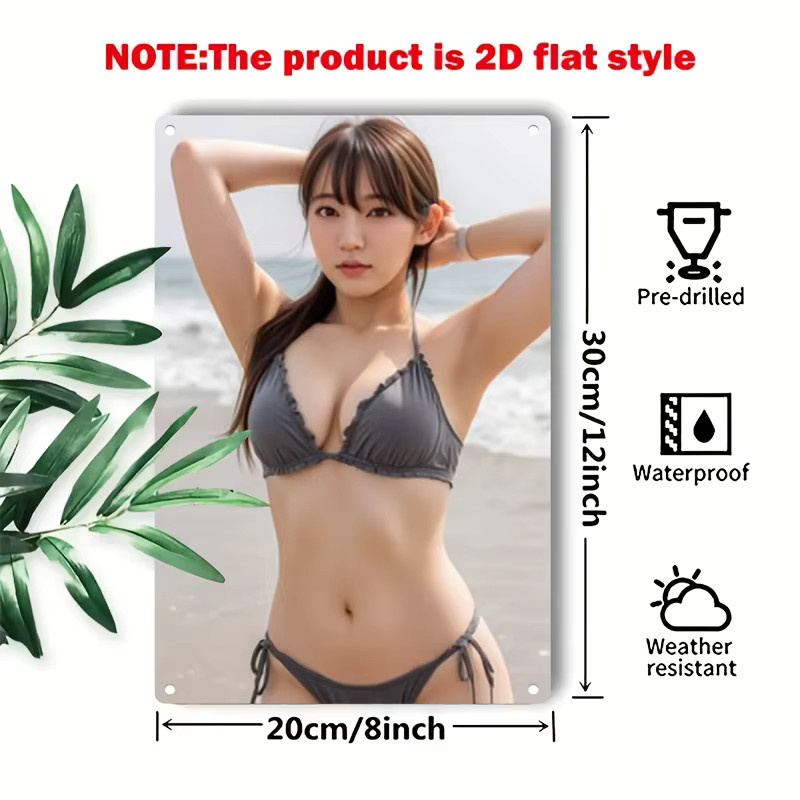 CIFBUY Metall-Wandkunst Bikini-Frauen im 2D Comic-Stil als rechteckiges Strand-Poster zur Dekoration für Zuhause, Bar oder Café - Bild 3