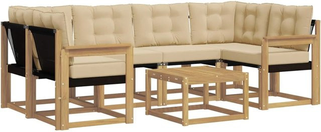 vidaXL Outdoor-Sofagarnitur 7-teilig in L-Form aus Akazienholz mit Textilene und Kissen in Weiß und Beige - Bild 1