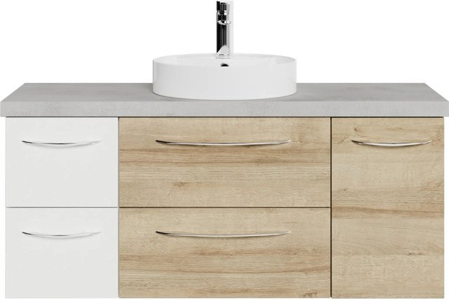 Pelipal Waschtischlösung-Set Serie 4035 Riviera Eiche mit Keramik-Aufsatzbecken und Waschtischunterschrank in Weiß Glanz-Oxid Hellgrau - Bild 1