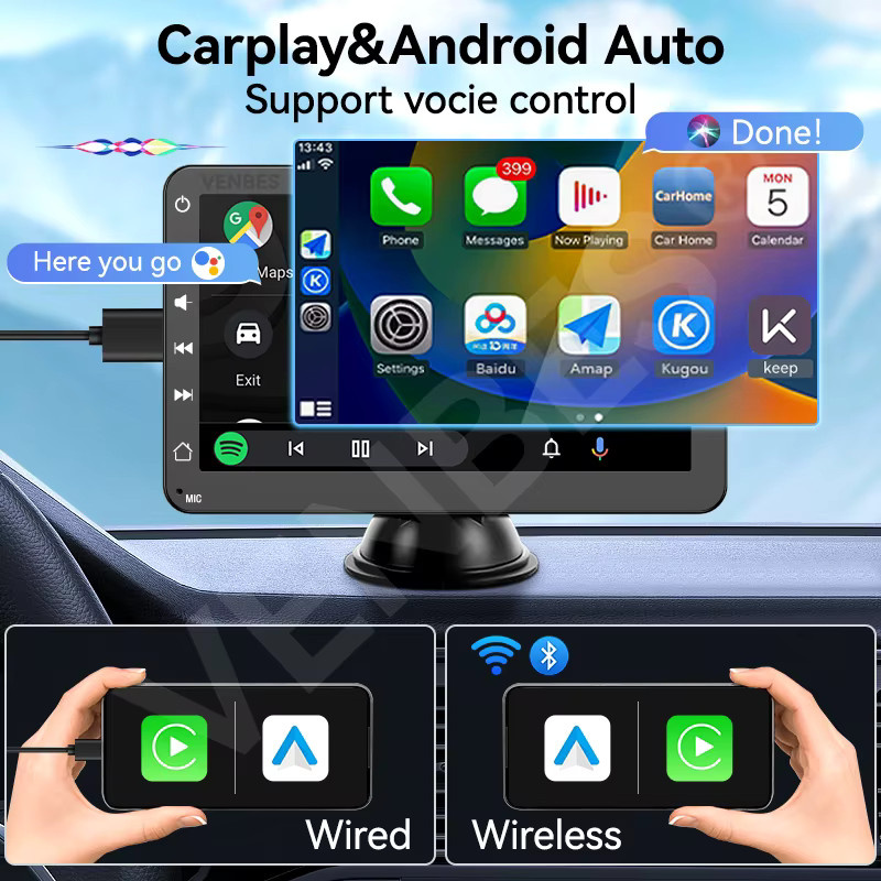 VENBES 7 Zoll Autoradio mit Drahtlosem Carplay und Android Auto, Touchscreen mit Mirror Link und Wi-Fi, Schwarz - Bild 2