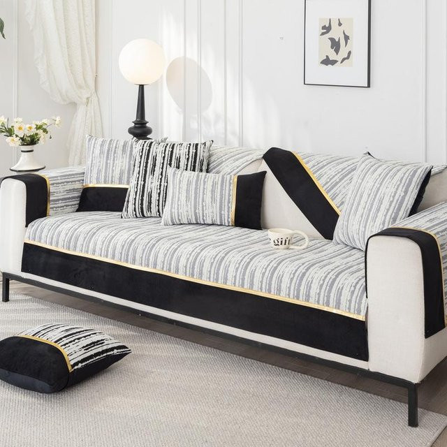 Chenille Sofabezug in Grau und Mehrfarbig mit Streifen-Patchwork Design, rutschfeste Couchkissen Bezüge für Sektionssofas, Breite: 70 cm, Breite: 70 cm - Bild 1