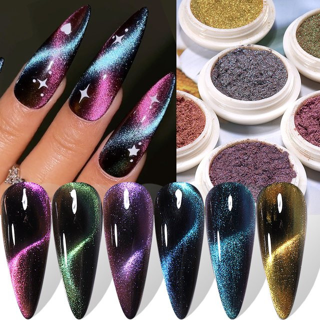 SWEET TREND Cat Eye Magnetisches Pulver, 6 Stück, Lila Grün, Aurora Effekt - Bild 1