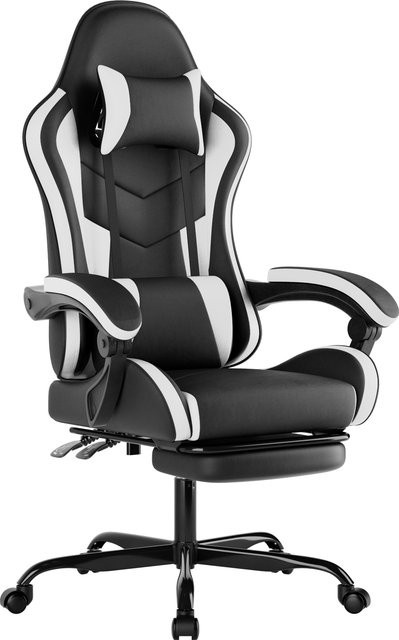 WOTSTA Ergonomischer Racing-Gaming-Stuhl aus Kunstleder mit Kopfstütze und Lendenwirbelstütze, verstellbarer drehbarer Bürostuhl in Schwarz-Weiß - Bild 1