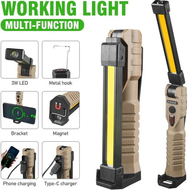 XIWANGFIRE Tragbare faltbare LED-Taschenlampe in Schwarz mit starkem Magnet, COB-Arbeitslicht und Typ-C-Ladefunktion, wiederaufladbares Notfall-Flutlicht für Outdoor, Camping und Garten - Bild 1