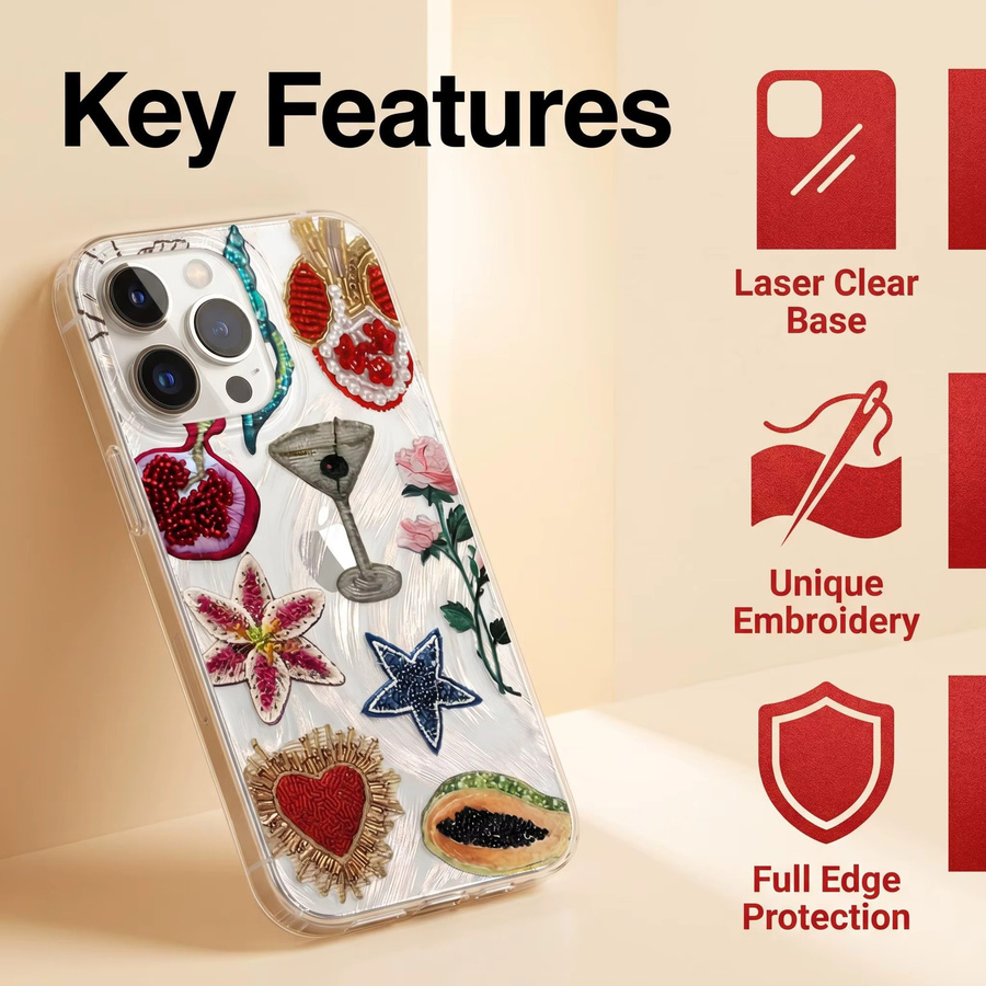 Handyhülle mit Granatapfelblüten-Druck im Vintage-Stickerei-Stil für Apple iPhone 11 bis 17 Pro Max, stoßfest und weich, Multicolor - Bild 5