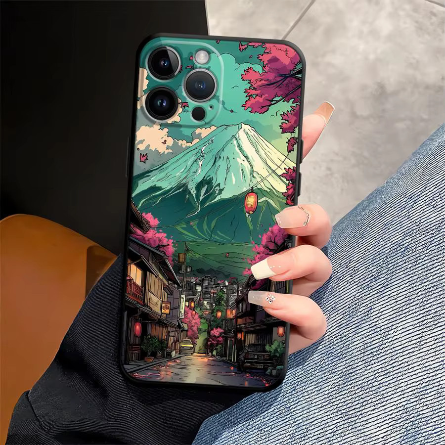 Weiche Handyhülle mit Japan Mount Fuji Motiv für Apple iPhone Modelle in Schwarz und Multicolour - Bild 2