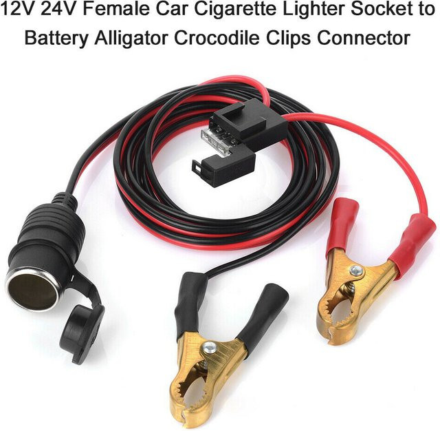 Auto-Feuerzeug-Buchse mit Batterie-Krokodilklemmen für 12 V/24 V inklusive 3 Sicherungen, Schwarz - Bild 1