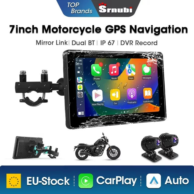 Srnubi 7 Zoll Motorrad DVR mit drahtlosem CarPlay und Android Auto, GPS Navigation und AI Sprachsteuerung, IP67 wasserdicht, Schwarz - Bild 1