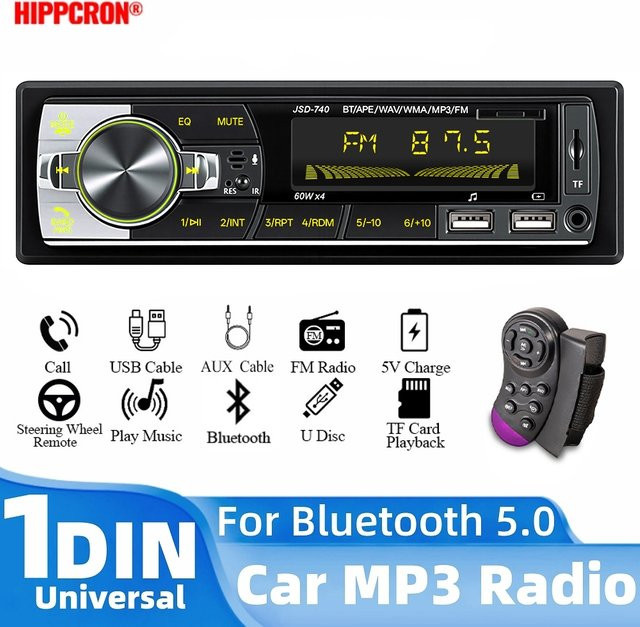 HIPPCRON 1DIN Auto-MP3-Radio mit 7 farbigen Lichtern und Fernbedienung, Universelles FM-Autoradio in Schwarz - Bild 1