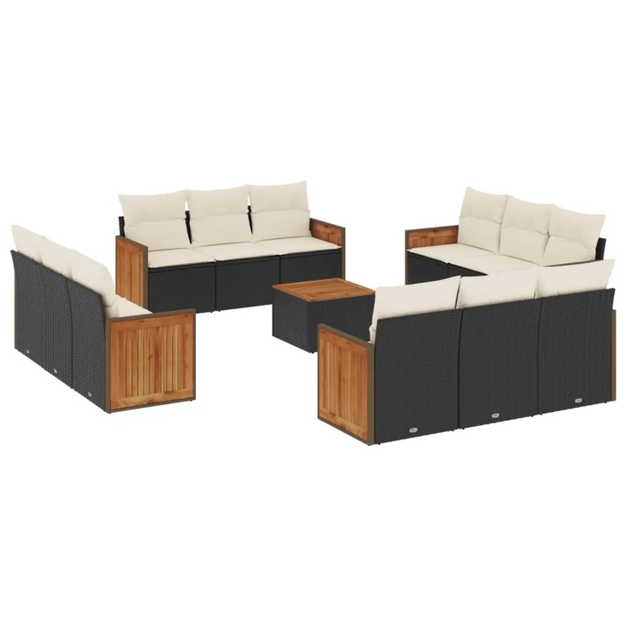 vidaXL 13-teilige Garten-Sofagarnitur aus Poly-Rattan und Akazienholz in Schwarz-Creme mit Kissen - Bild 2