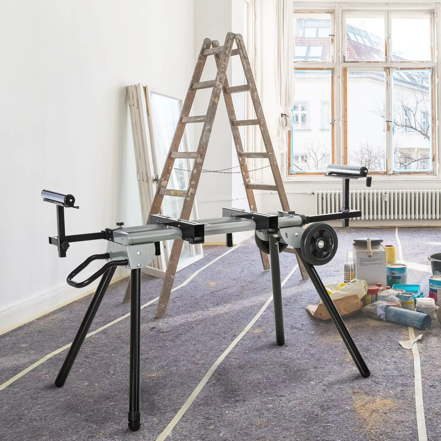 Faltbarer Gehrungssäge-Ständer aus Stahl mit Rädern, Schwarz, einstellbare Höhe: 96 cm bis 245 cm, Tragkraft: 150 kg - Bild 2