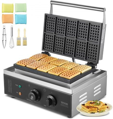 VEVOR Kommerzielles Waffeleisen aus Edelstahl für 10 belgische Waffeln, 1550 W mit Temperatur- und Zeitschaltuhr, Farbe: Silber - Bild 1