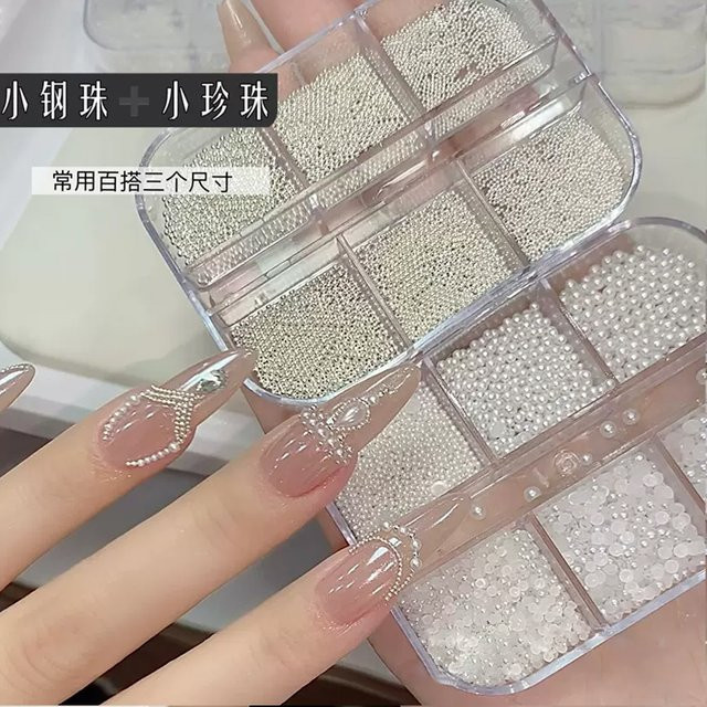 MAFANAILS Nagel Charm Set, Weiße Perlen und Stahlkugeln, Glänzend - Bild 1