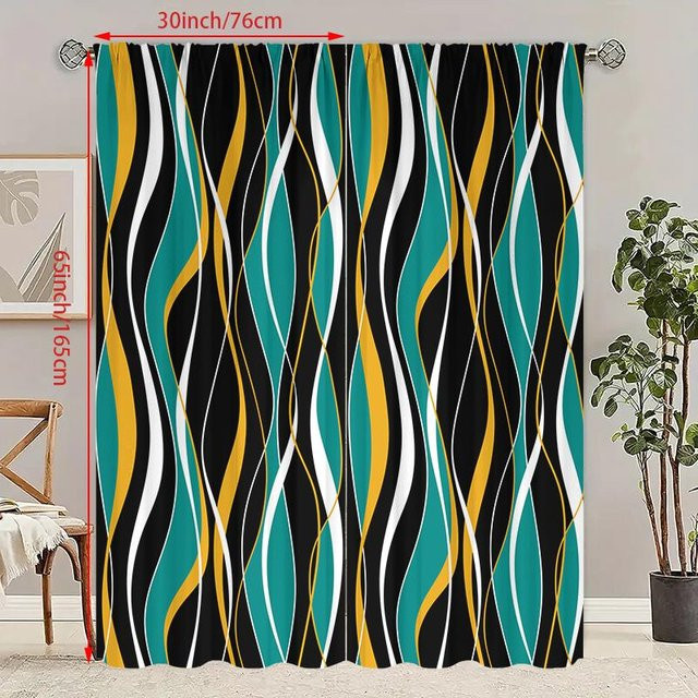 2er-Set Vorhang mit blau-gelbem Streifenmuster aus Polyester, semi-transparent, B: 60 cm, H: 150 cm - Bild 1