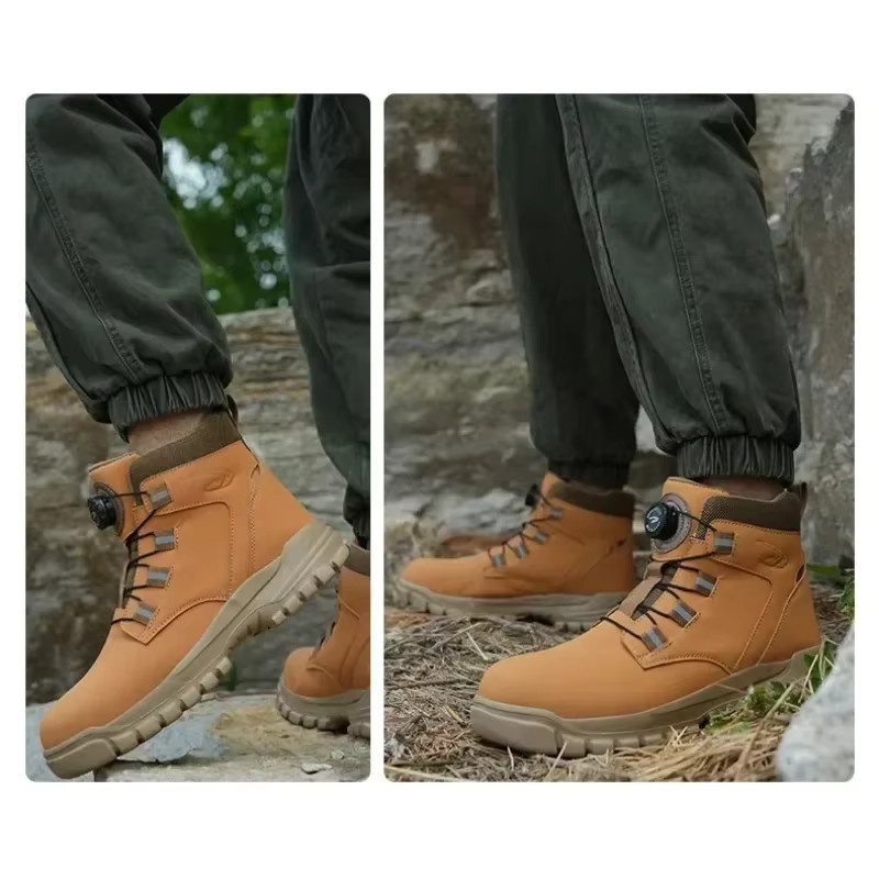 QHSPE Sicherheitsstiefel für Herren, wasserdichte und unzerstörbare Arbeitsschuhe mit Stahlkappe und stichfester Sohle, Beige/Braun - Bild 6