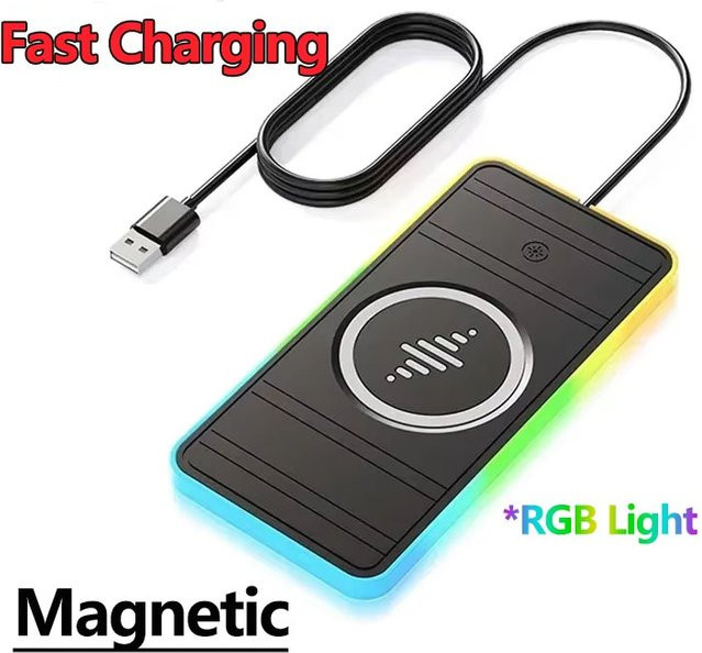 XIKCU Magnetisches kabelloses Auto-Ladegerät mit RGB-Licht und rutschfester Ladestation in Schwarz Multicolour für iPhone 17 16 Samsung Xiaomi und AirPods mit Schnellladefunktion - Bild 1