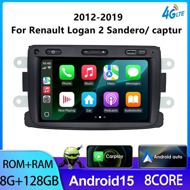 YAYP Kabelloses CarPlay Android Auto Autoradio mit GPS-Navigation für Renault Captur Logan 2 Sandero 2 in Schwarz - Bild 1
