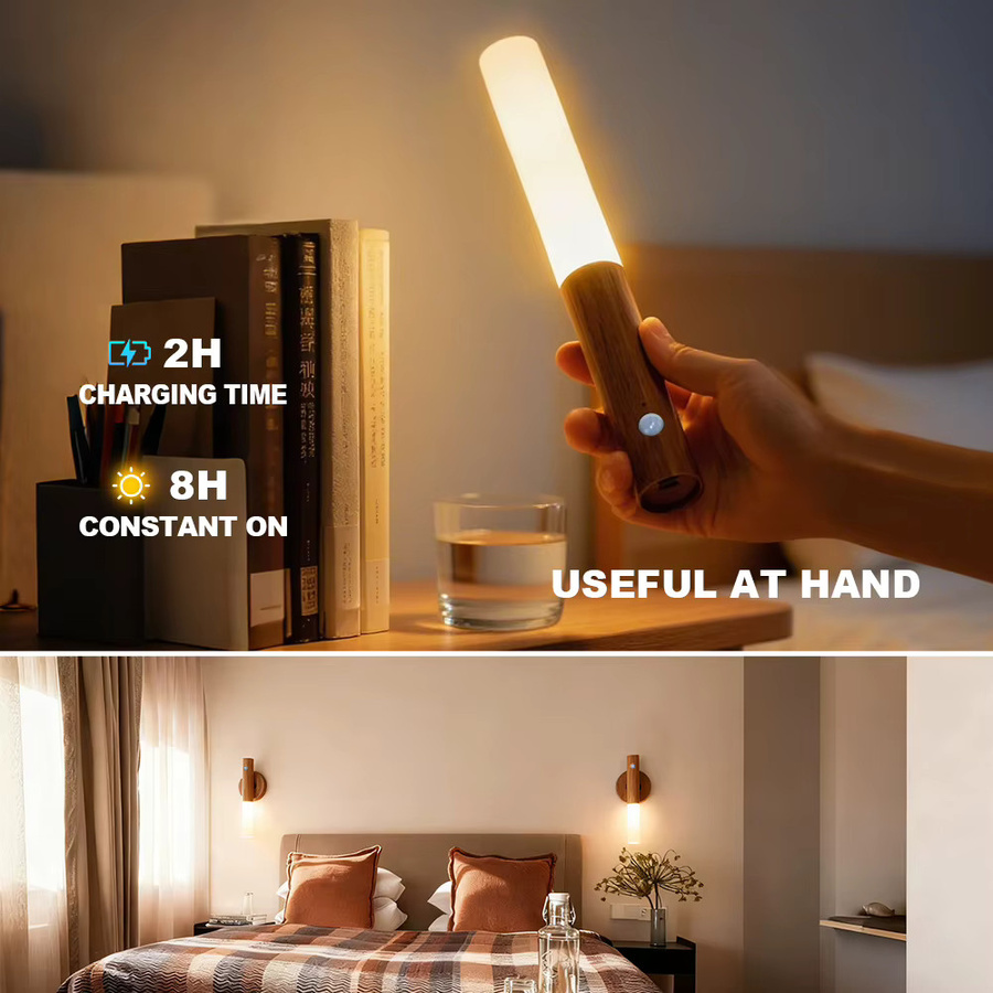 YNL Magnetische LED-Wandleuchte aus Holz mit Bewegungsmelder und 360 Grad Rotation, wiederaufladbares Nachtlicht in Weiß mit warmweißem Licht - Bild 3