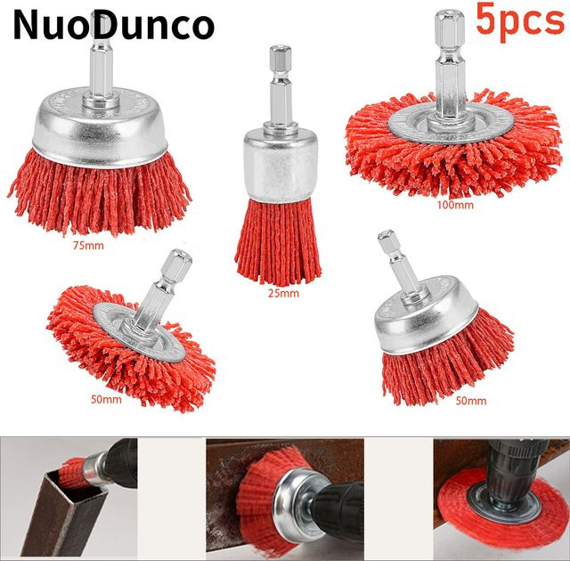 NuoDun 5-teiliges Nylon-Filament-Schleifbürsten-Set mit sechseckigem Griff zur Entfernung von Rost, Korrosion und Farbe in Rot - Bild 1
