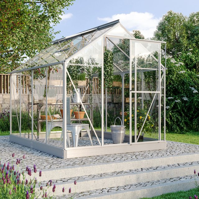Vitavia Gewächshaus Triton 5000 mit Stahlfundamentrahmen und Regenrinnen, Aluminium eloxiert, Farbe: Silber, B/T/H: 198,0 x 256,0 x 207,0 cm - Bild 1