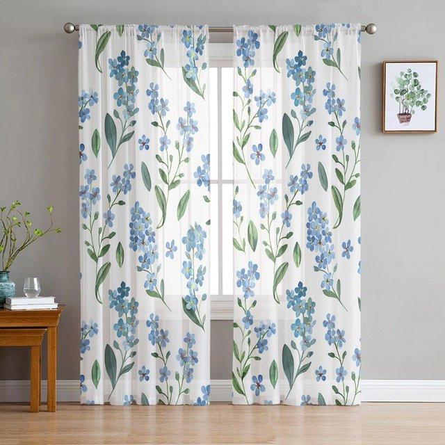 A Family Of Home Textiles Transparent Voile Tüll Vorhang mit blauem Aquarell Blumenmuster für ländliche Schlafzimmer, Breite: 135 cm, Höhe: 160 cm - Bild 1