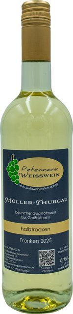 Petermann Müller-Thurgau Weißwein, Franken, 2025, halbtrocken, 0,75 l - Bild 1