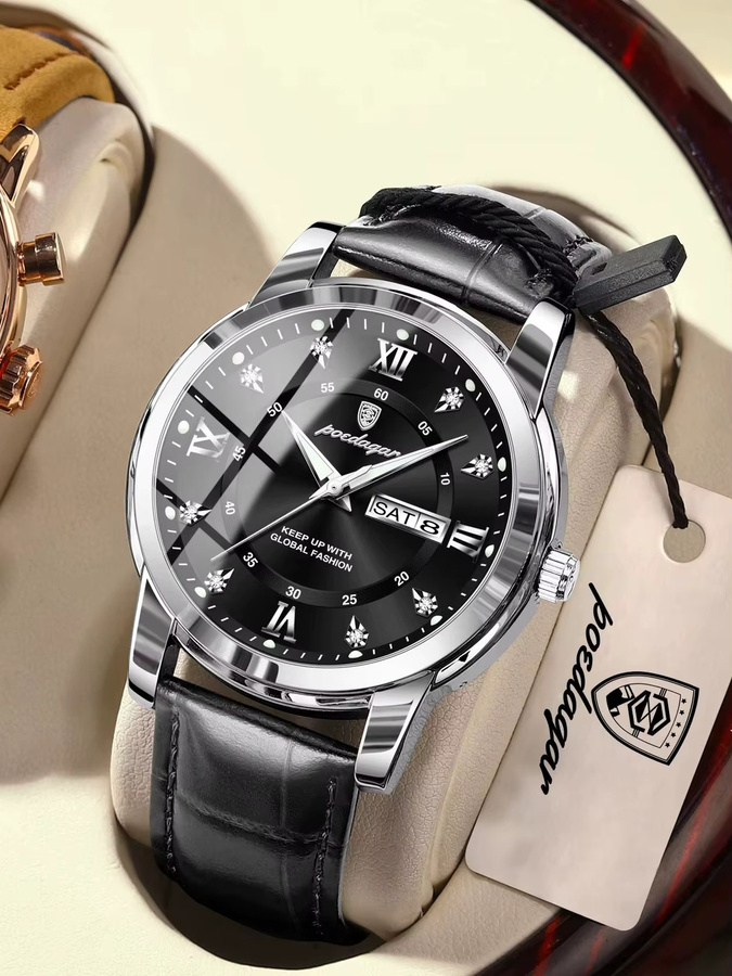 POEDAGAR Armbanduhr Quarz, Leder, Schwarz, Silber, Herren, Datum, Wochentag - Bild 7