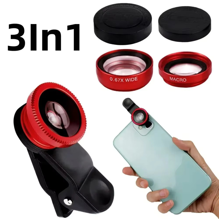 Maerknon 3-in-1 Smartphone-Objektiv-Set mit Weitwinkel-Zoom, Fisheye und Makro in Rot für iPhone 16, Xiaomi und Huawei inklusive Telefonclip - Bild 2