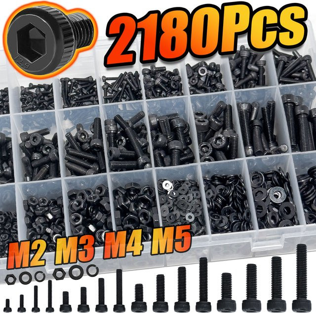 BOVILEVR 2180-teiliges Metrisches Schraubensortiment aus 12.9 Grad Legierungsstahl mit M2-M5 Maschinenschrauben, Sechskantmuttern, Sicherungs- und Flachunterlegscheiben - Bild 1