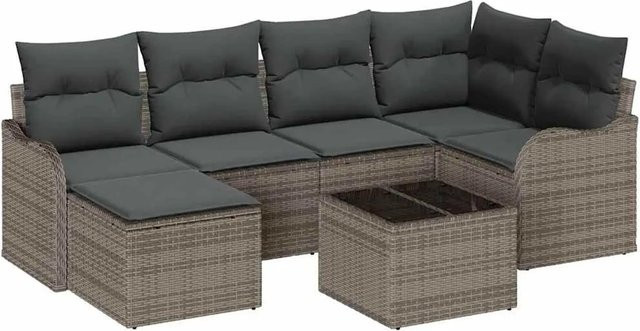 vidaXL Garten-Sofa-Set aus Poly-Rattan in Grau mit 7-teiligem Set, Kissen und Tisch, L-Form mit Metallrahmen - Bild 1