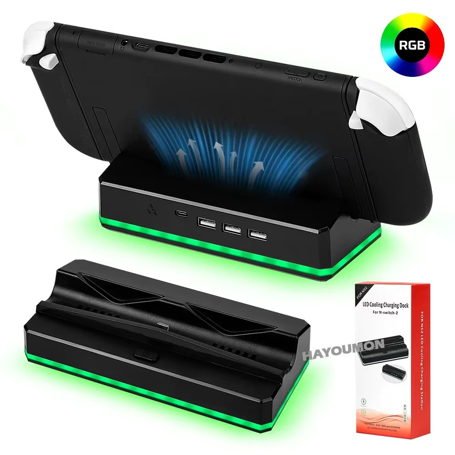 HeroAngel Tragbare Ladestation für Nintendo Switch mit Kühlventilator, USB-A-Anschluss und RGB-Beleuchtung in Schwarz - Bild 2