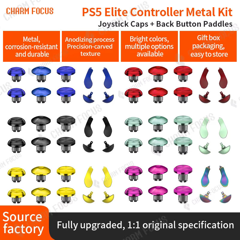 CHARM FOCUS 10-in-1 Metall-Controller-Daumensticks für PS5, Set mit 6 Swap-Joysticks und 4 Metall-Ersatzknöpfen für hintere Paddle-Trigger, Multicolour - Bild 2