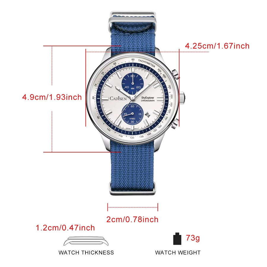 CADISEN Armbanduhr Chronograph, Quarz, Edelstahl, Textil/NATO, Schwarz, Herren - Bild 4
