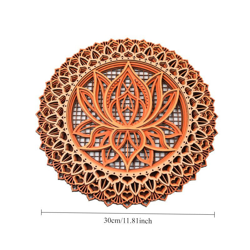 Handgeschnitztes Holz Mandala Lotus Hängeornament zur Wanddekoration, Braun, B/T/H: 30 x 30 x 1 cm - Bild 2