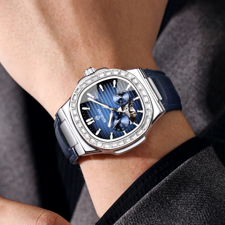 BINBOND Armbanduhr Automatik, Skelett-Uhr, Edelstahl, Blau, Leder, Herren - Bild 4