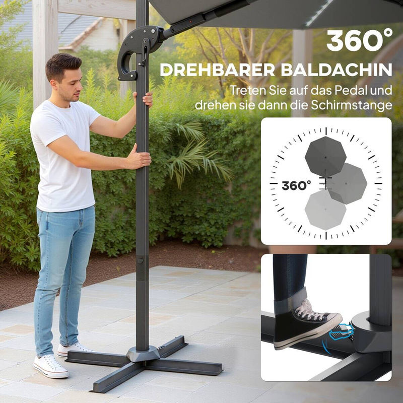 Outsunny Ampelschirm mit LED Solar und Kurbel, Aluminium und Fiberglas, Dunkelgrau, Durchmesser: 300 cm, B/H/L: 294 x 250 x 360 cm - Bild 5