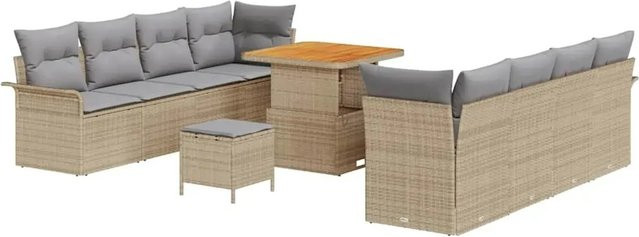 vidaXL Garten-Sofa-Set aus Poly-Rattan in Beige, 11-teiliges Lounge-Set mit Polstern und Tisch in U-Form - Bild 1
