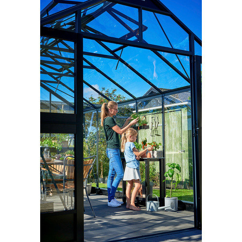Halls Gewächshaus Universal 128 aus Aluminium und Glas in Silber mit Satteldach und Schiebetür, B/T/H: 257 x 384 x 230 cm - Bild 3