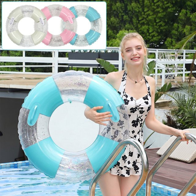 Aufblasbarer Schwimmring mit Pailletten aus dickem PVC in Pink, Weiß und Blau mit Griff für Erwachsene, Durchmesser: 90 cm - Bild 1